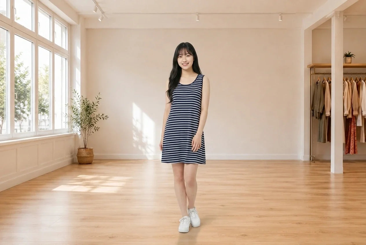 Model wearing Teen Small Dresses Teen Striped Lattice-Back Shift Dress (Young Women's Fit) in Online Warehouse Sale boutique studio