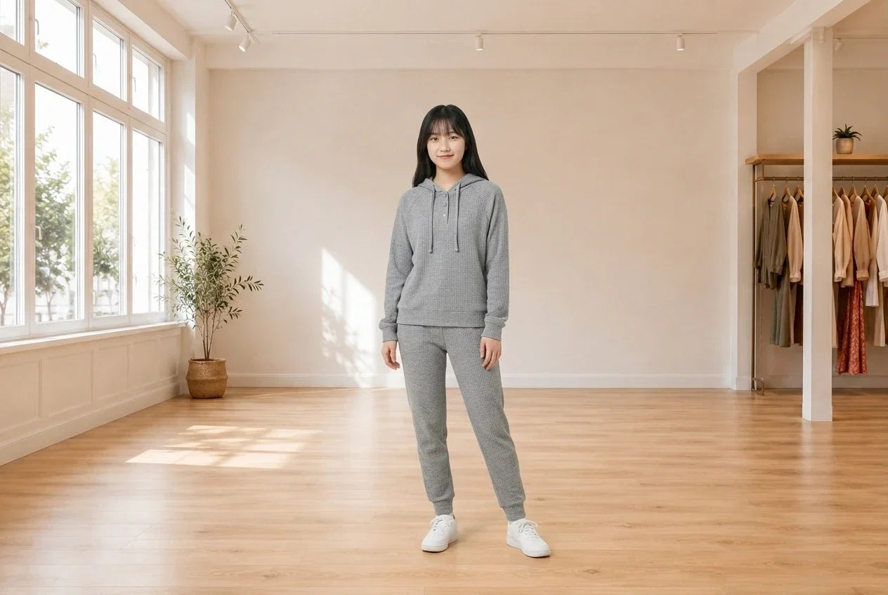 Model wearing Teen Small Loungewear and Pajamas Teen Waffle-Knit Hoodie (Young Women's Fit) in Online Warehouse Sale boutique studio