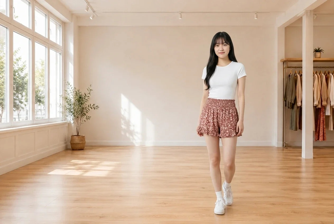Model wearing Teen Small Shorts Teen Ruffled-Hem Smocked Shorts (Young Women's Fit) in Online Warehouse Sale boutique studio