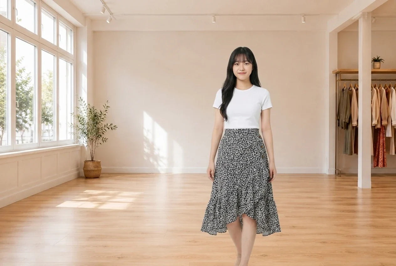 Model wearing Teen Small Skirts Teen Asymmetrical Ruffle-Hem Skirt (Young Women's Fit) in Online Warehouse Sale boutique studio
