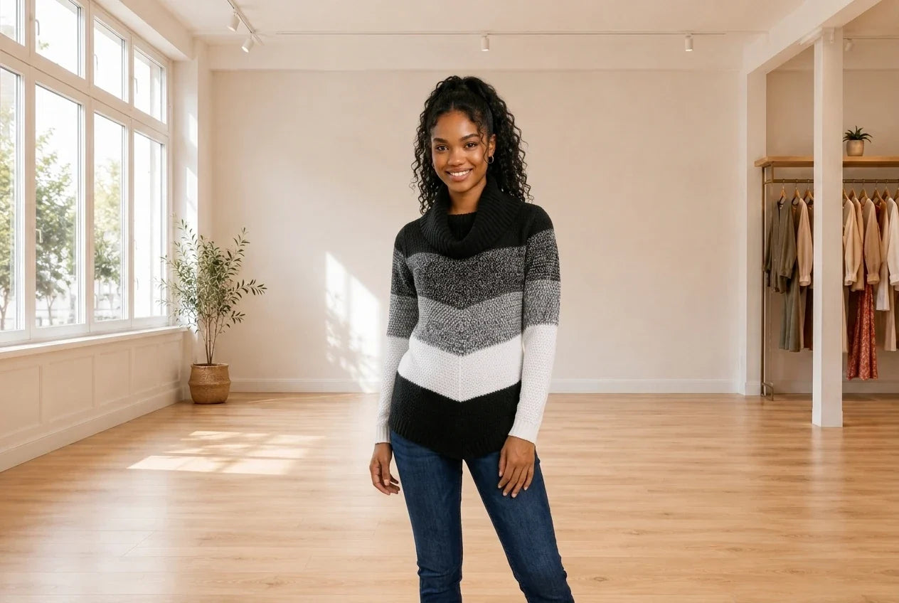 Model wearing Teen Small Sweaters and Cardigans Teen Chevron-Striped Cowlneck Sweater (Young Women's Fit) in Online Warehouse Sale boutique studio