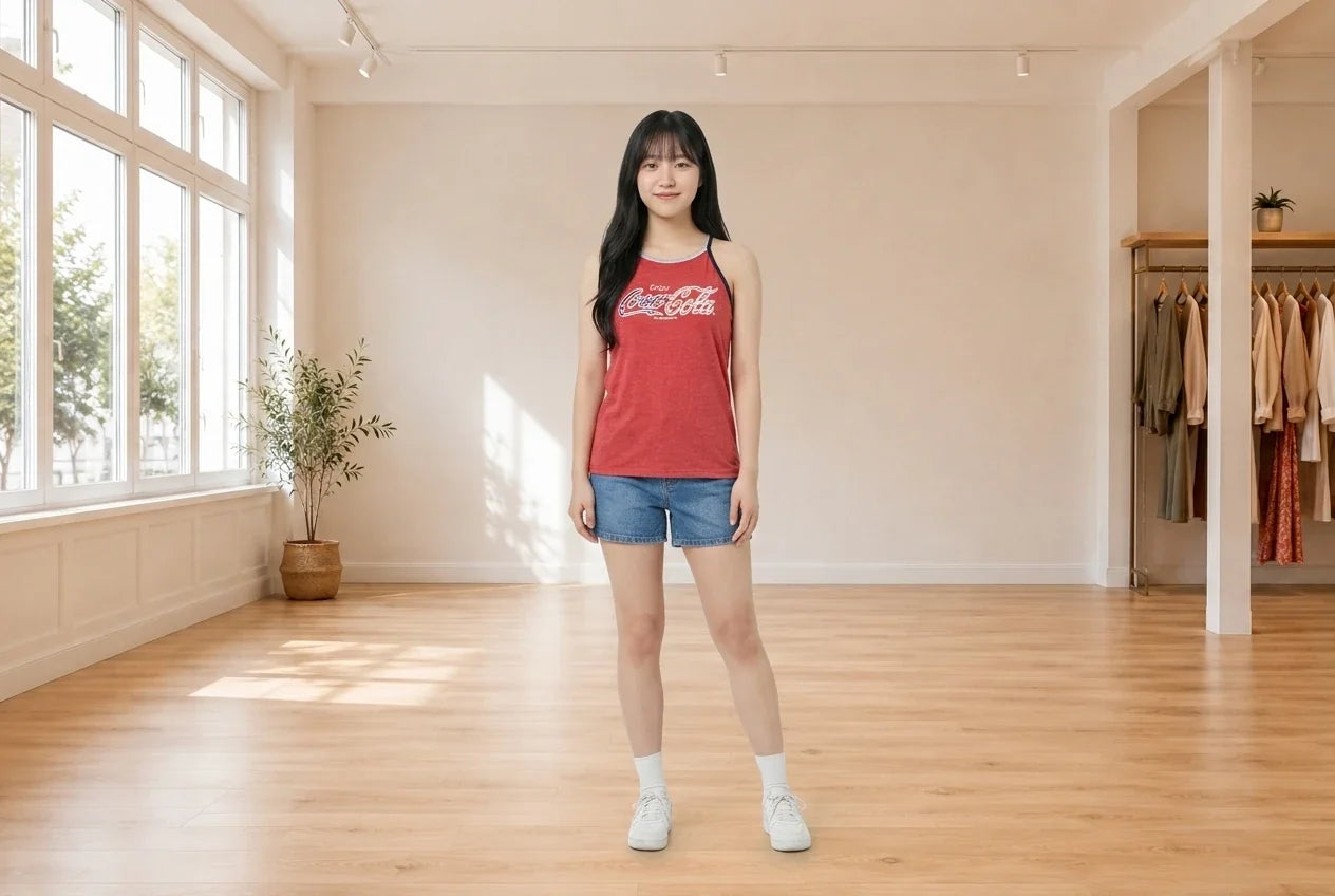 Model wearing Teen Small T-Shirts Teen Coca-Cola Tank Top (Young Women's Fit) in Online Warehouse Sale boutique studio
