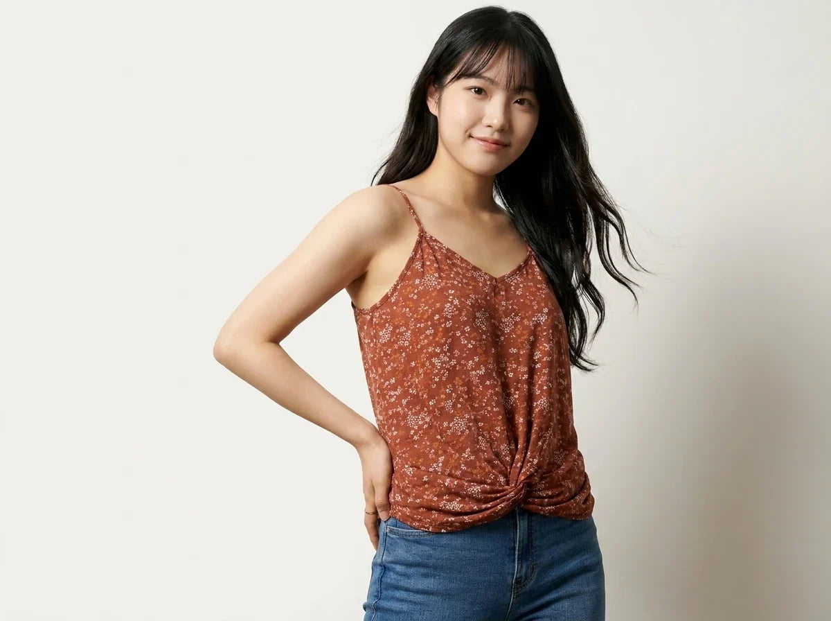 A woman modeling a rust-orange floral spaghetti-strap camisole top with a twisted knot at the waist, paired with blue jeans, against a plain off-white background.