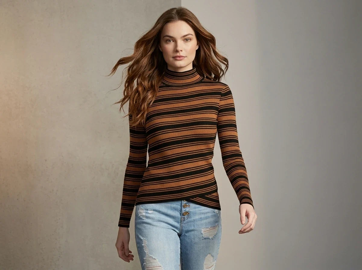 A woman modeling a fitted long-sleeve turtleneck sweater with horizontal brown and black stripes, paired with light blue distressed jeans, against a neutral studio backdrop.