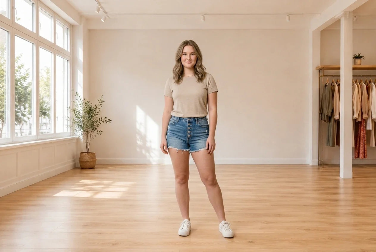 Model wearing Teen X-Large Bottoms (Young Women's) Women's High Rise Button Up Cut Off Jean Shorts in Online Warehouse Sale boutique studio