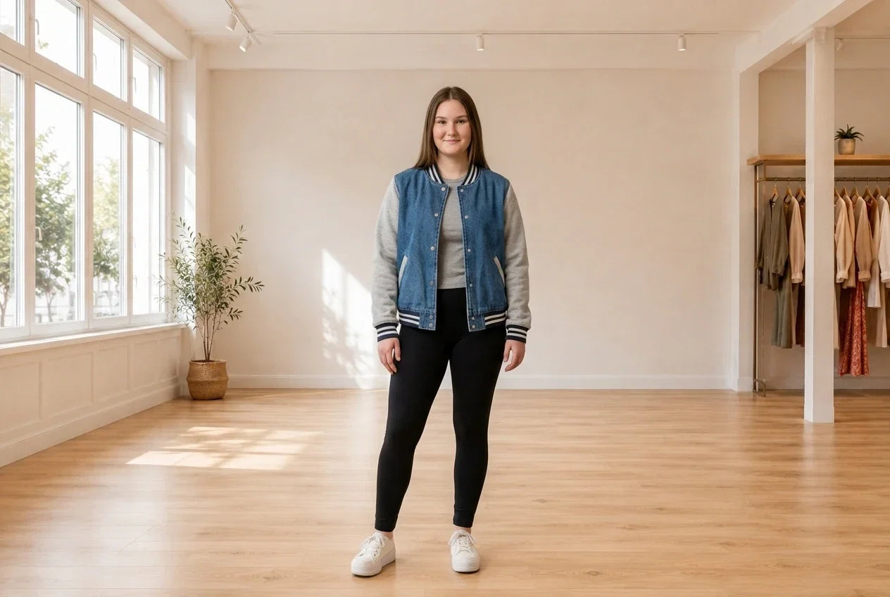 Model wearing Teen X-Large Coats, Jackets and Blazers Teen Denim Varsity Jacket (Young Women's Fit) in Online Warehouse Sale boutique studio