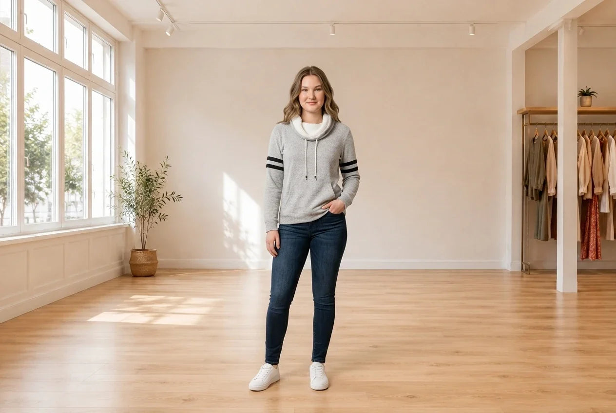Model wearing Teen X-Large Hoodies and Sweatshirts (Young Women's) Teen Fleece-Lined Sweatshirt in Online Warehouse Sale boutique studio