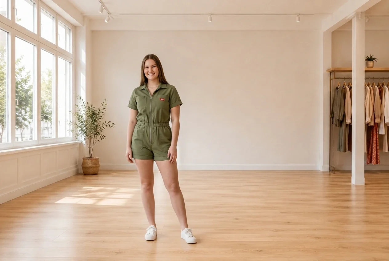 Model wearing Teen X-Large Jumpsuits and Rompers Teen Zip-Front Romper (Young Women's Fit) in Online Warehouse Sale boutique studio