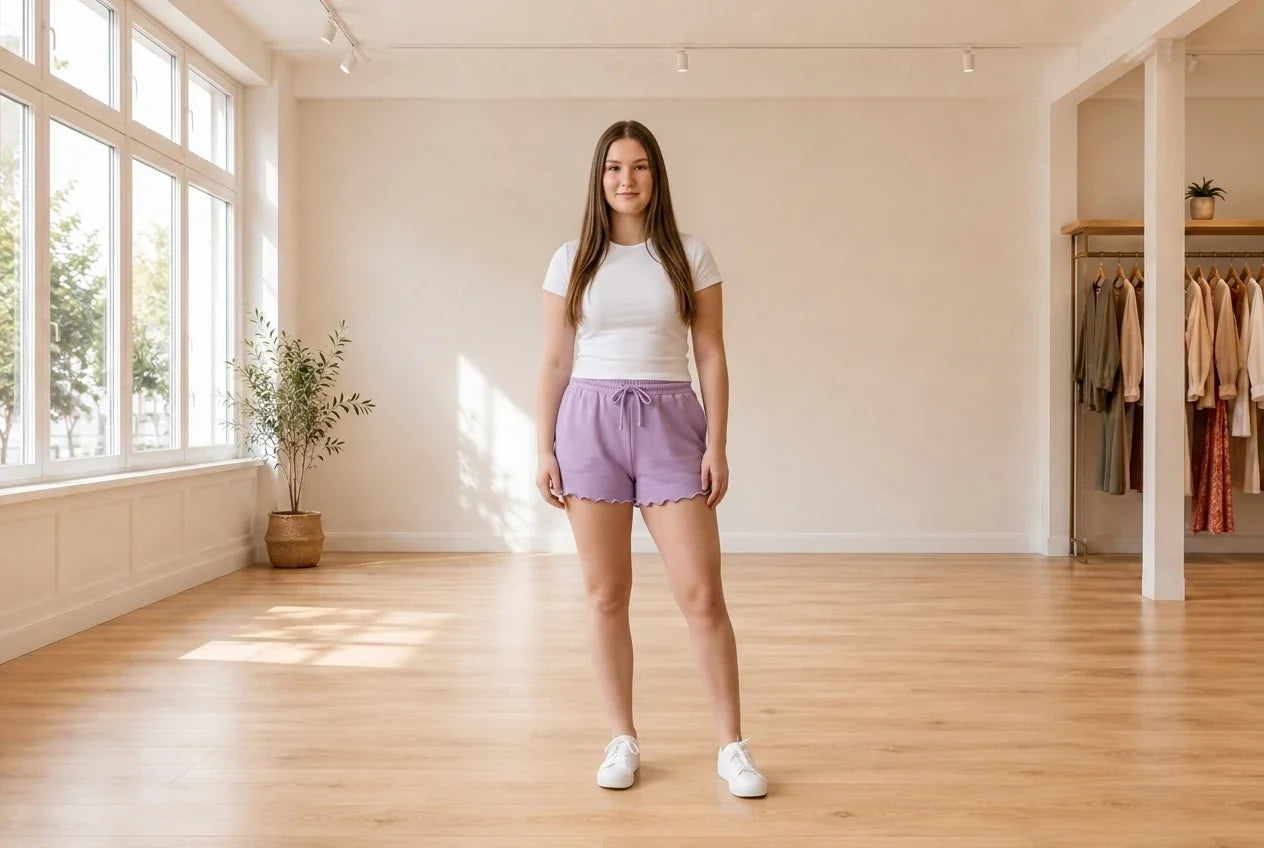 Model wearing Teen X-Large Shorts Teen Lettuce-Hem Sweat Shorts (Young Women's Fit) in Online Warehouse Sale boutique studio