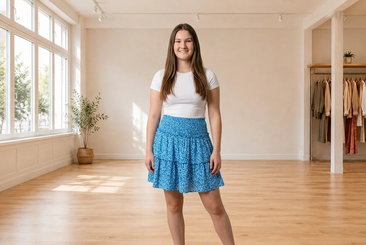 Model wearing Teen X-Large Skirts Teen Smocked-Waist Floral-Print Skirt (Young Women's Fit) in Online Warehouse Sale boutique studio
