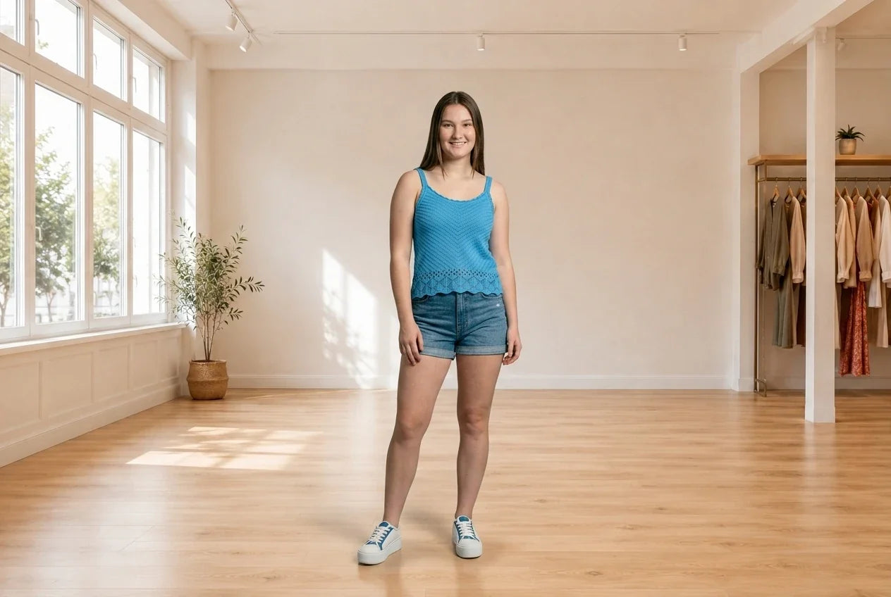 Model wearing Teen X-Large T-Shirts Teen Pointelle-Knit Tank Top (Young Women's Fit) in Online Warehouse Sale boutique studio