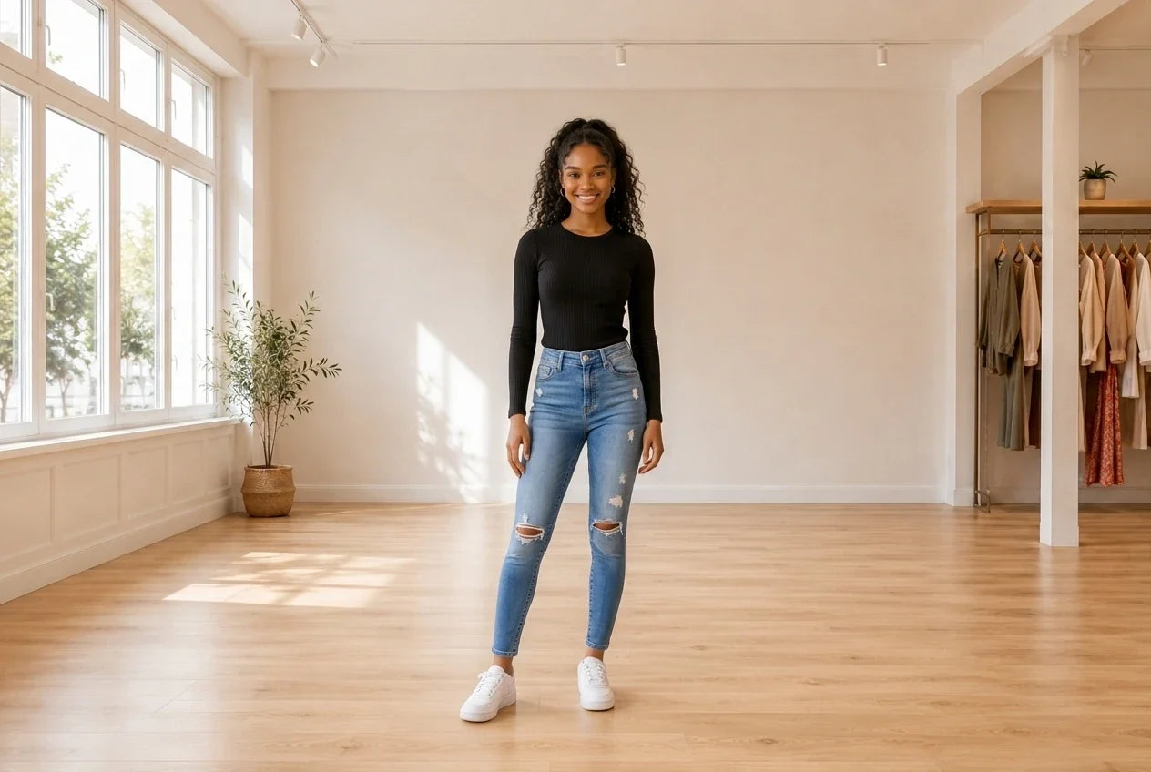 Model wearing Teen X-Small Bottoms (Young Women's) Teen Ankle Skinny Jeans in Online Warehouse Sale boutique studio