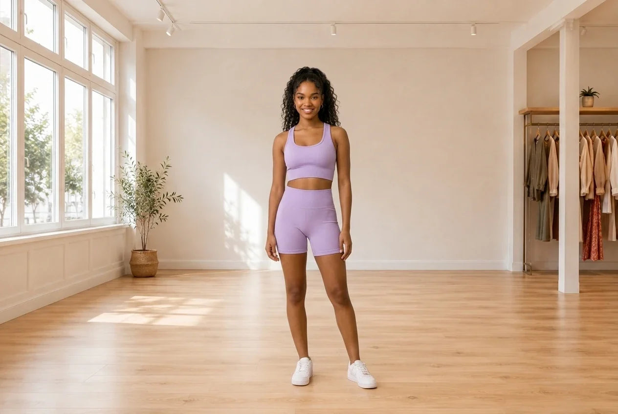 Model wearing Teen X-Small Bras seamless sports bra and matching shorts in Online Warehouse Sale boutique studio