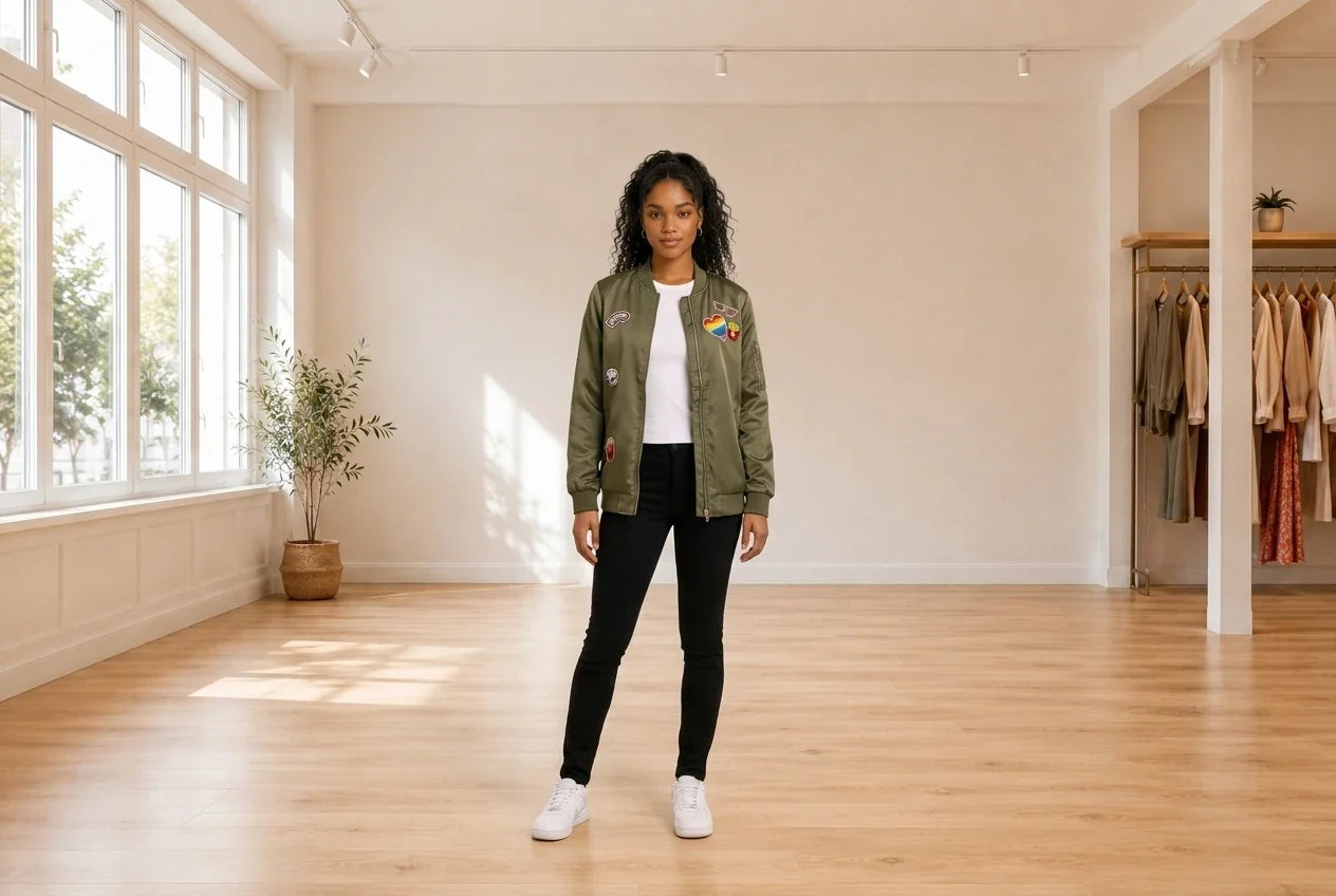 Model wearing Teen X-Small Coats, Jackets and Blazers Teen Patch-Trim Tunic Bomber Jacket (Young Women's Fit) in Online Warehouse Sale boutique studio