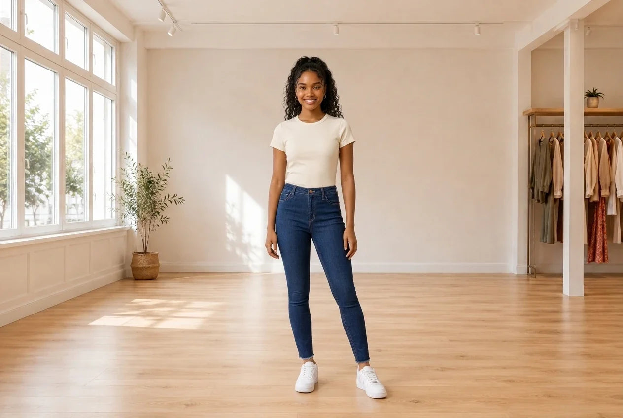 Model wearing Teen X-Small Jeans (Young Women's) Teen High-Rise Raw-Hem Skinny Jeans in Online Warehouse Sale boutique studio