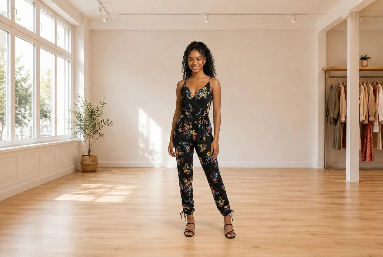 Model wearing Teen X-Small Jumpsuits and Rompers Teen Printed Ruched-Hem Faux-Wrap Jumpsuit (Young Women's Fit) in Online Warehouse Sale boutique studio