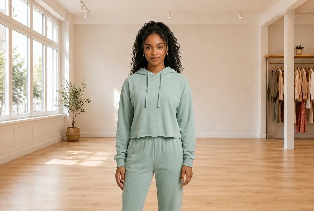 Model wearing Teen X-Small Loungewear and Pajamas Teen Cropped Terry Hoodie (Young Women's Fit) in Online Warehouse Sale boutique studio