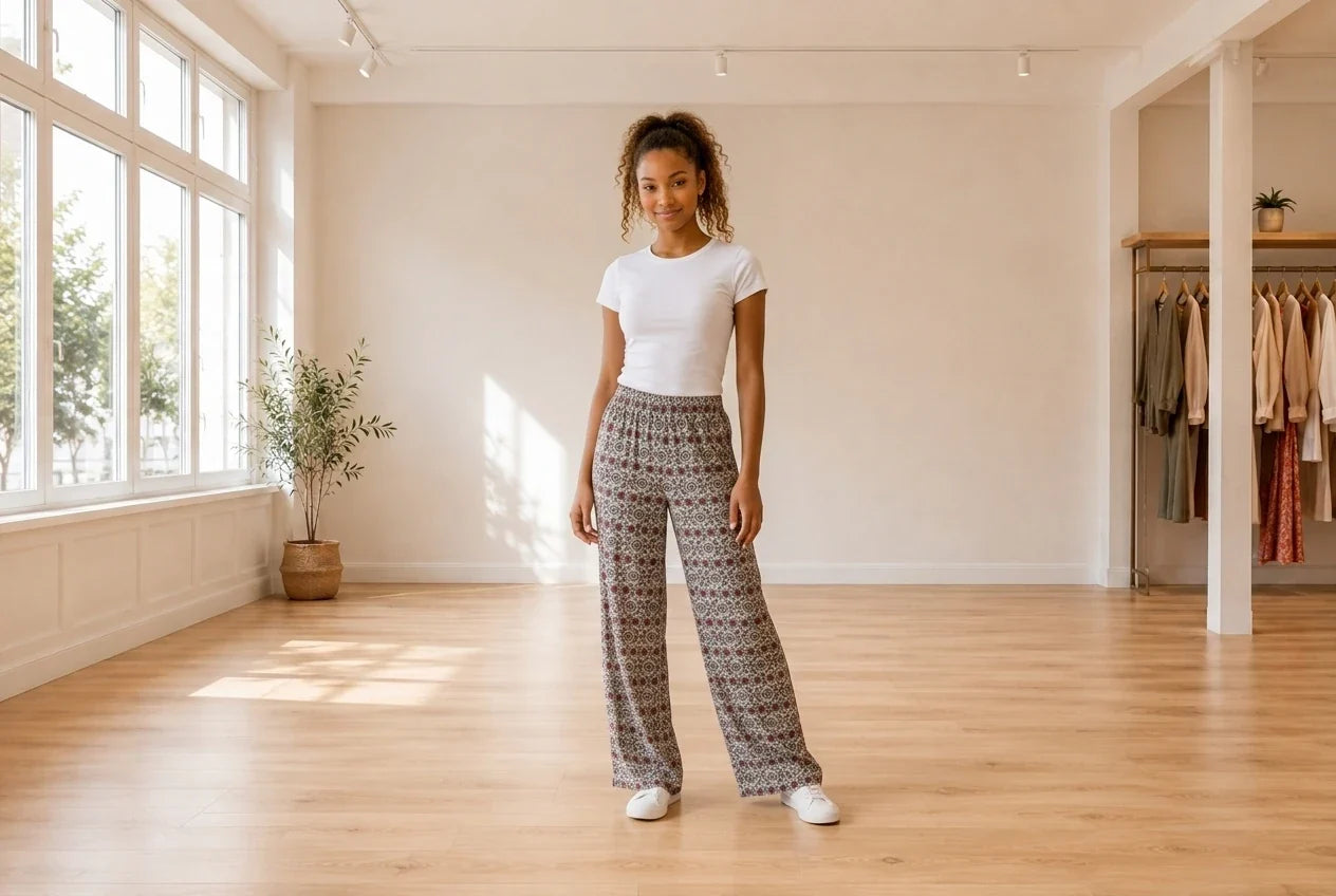 Model wearing Teen X-Small Pants Teen Printed Wide-Leg Pants (Young Women's Fit) in Online Warehouse Sale boutique studio