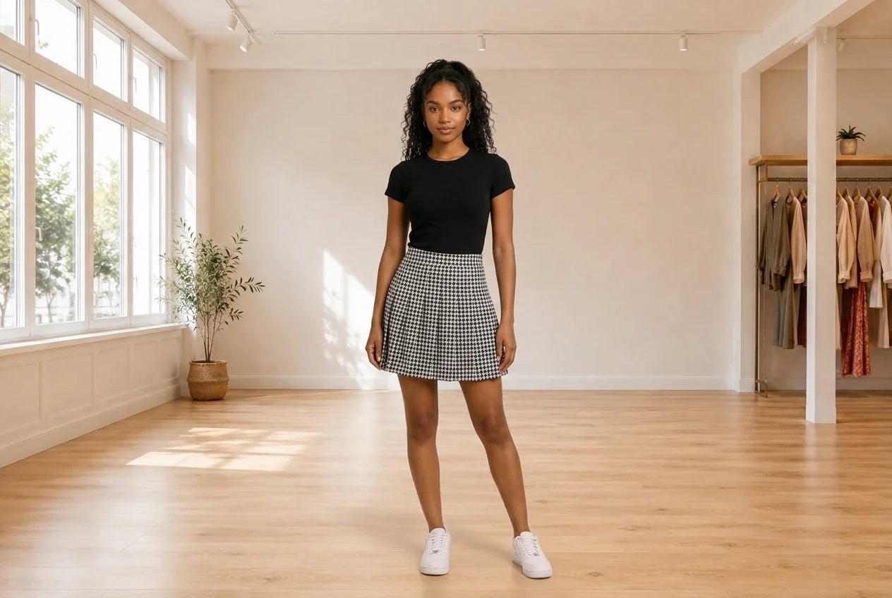 Model wearing Teen X-Small Skirts Teen Pleated A-Line Skirt (Young Women's Fit) in Online Warehouse Sale boutique studio