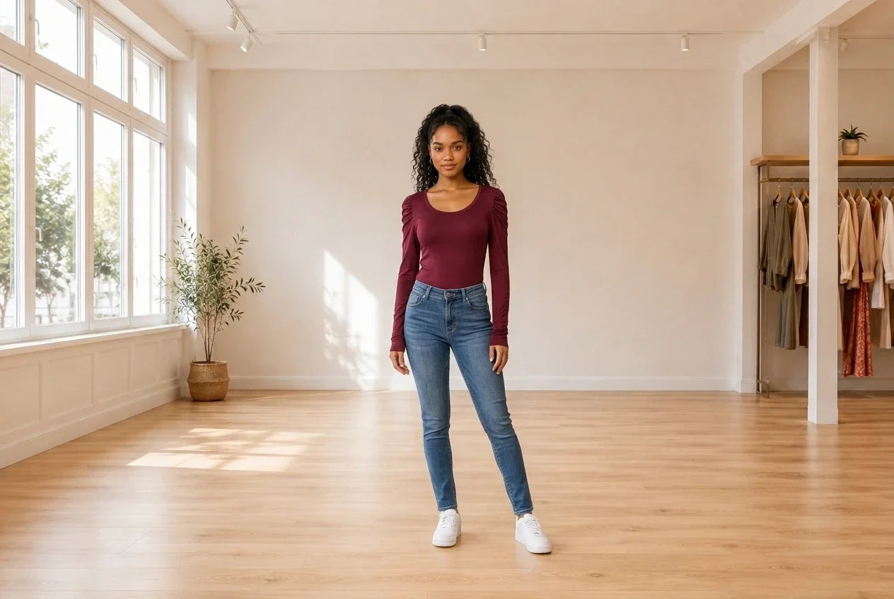 Model wearing Teen X-Small Tops (Young Women's) Teen Ruched-Sleeve Bodysuit in Online Warehouse Sale boutique studio