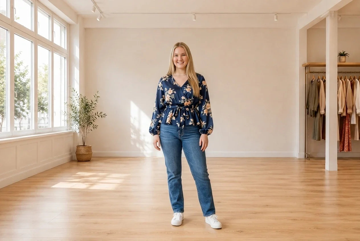 Model wearing Teen XX-Large Blouses Teen Floral Print Tie-Waist Blouse (Young Women's Fit) in Online Warehouse Sale boutique studio