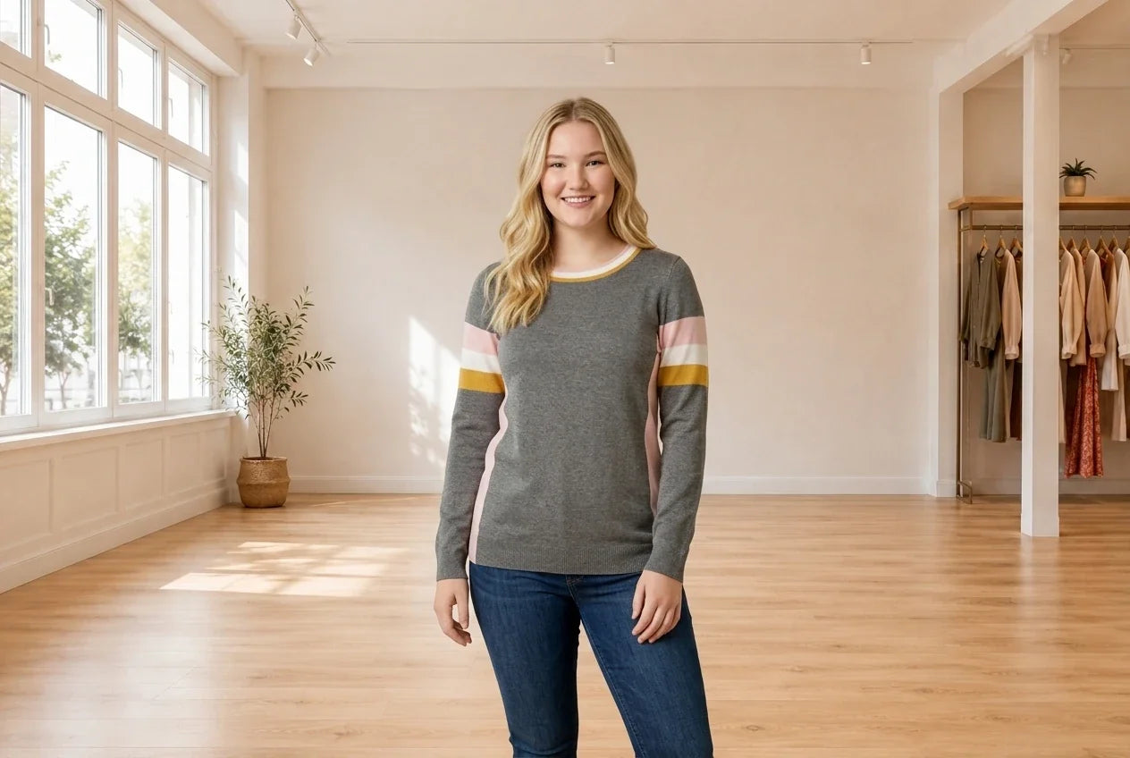 Model wearing Teen XX-Large Cardigans Teen Crew-Neck Colorblocked Sweater (Young Women's Fit) in Online Warehouse Sale boutique studio