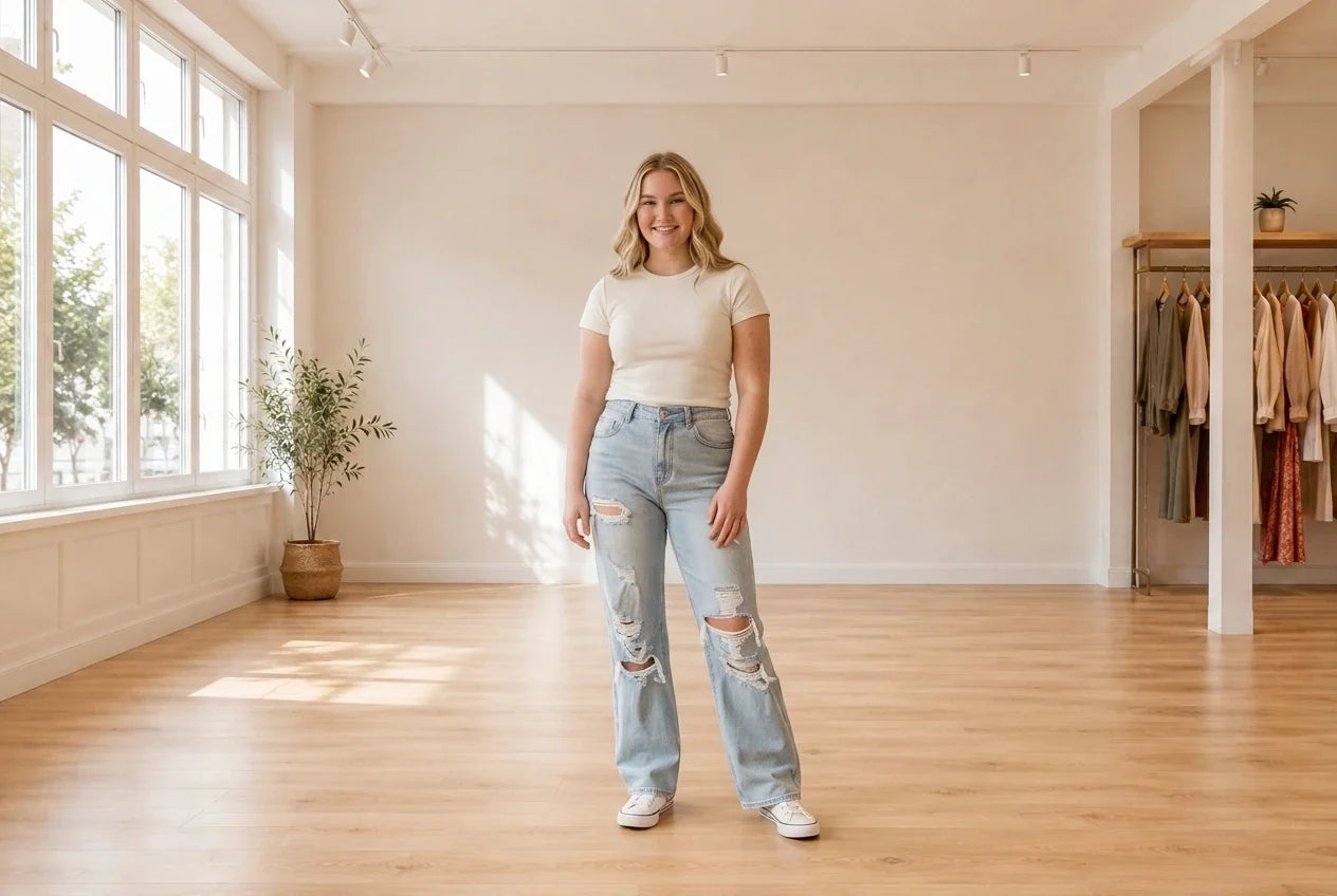 Model wearing Teen XX-Large Jeans (Young Women's) Teen Ripped 90s Wide Leg Jeans in Online Warehouse Sale boutique studio