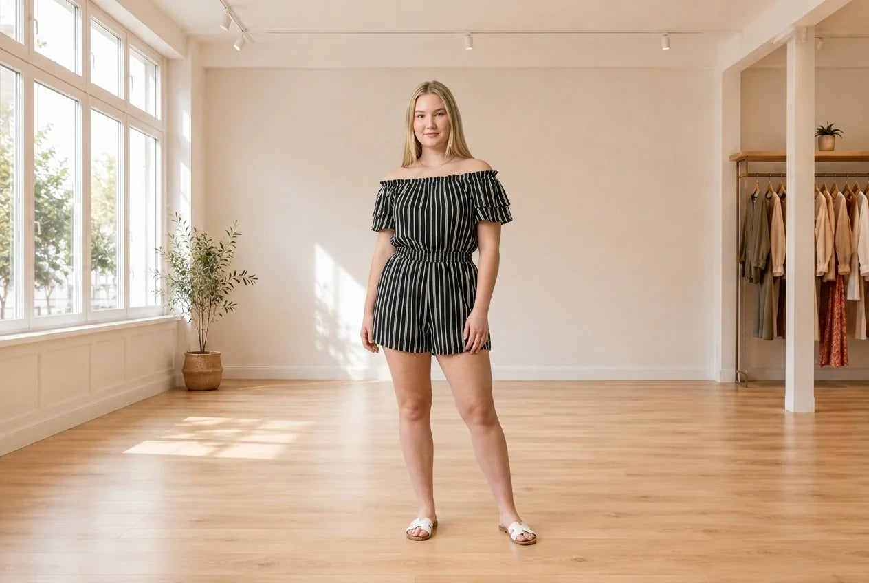 Model wearing Teen XX-Large Jumpsuits and Rompers Teen Off-The-Shoulder Romper (Young Women's Fit) in Online Warehouse Sale boutique studio