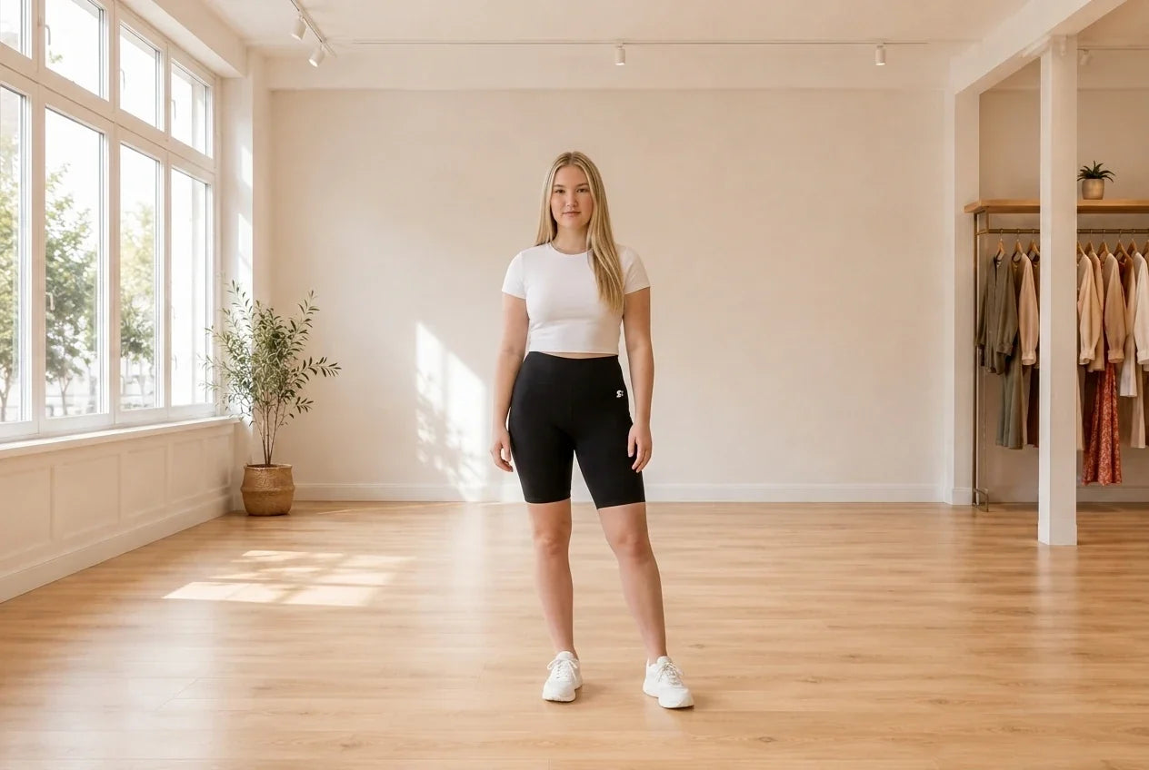 Model wearing Teen XX-Large Shorts Teen High-Rise Biker Shorts (Young Women's Fit) in Online Warehouse Sale boutique studio