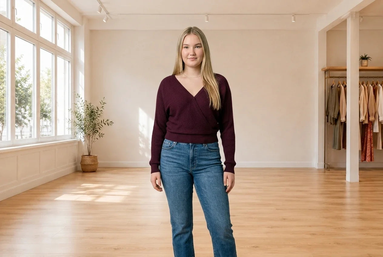 Model wearing Teen XX-Large Sweaters and Cardigans Teen Double V-Neck Sweater (Young Women's Fit) in Online Warehouse Sale boutique studio