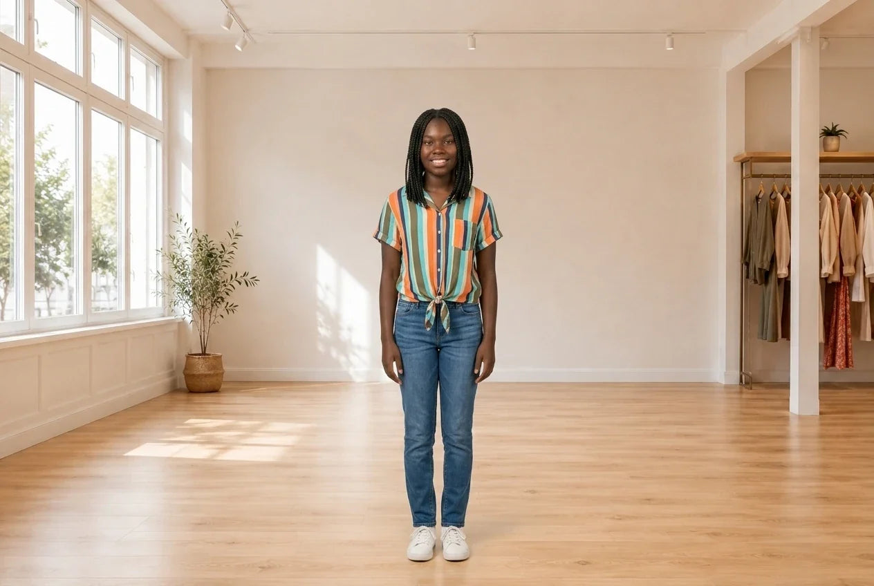 Model wearing Teen XX-Small Blouses Teen Striped Tie-Front Camp Shirt (Young Women's Fit) in Online Warehouse Sale boutique studio