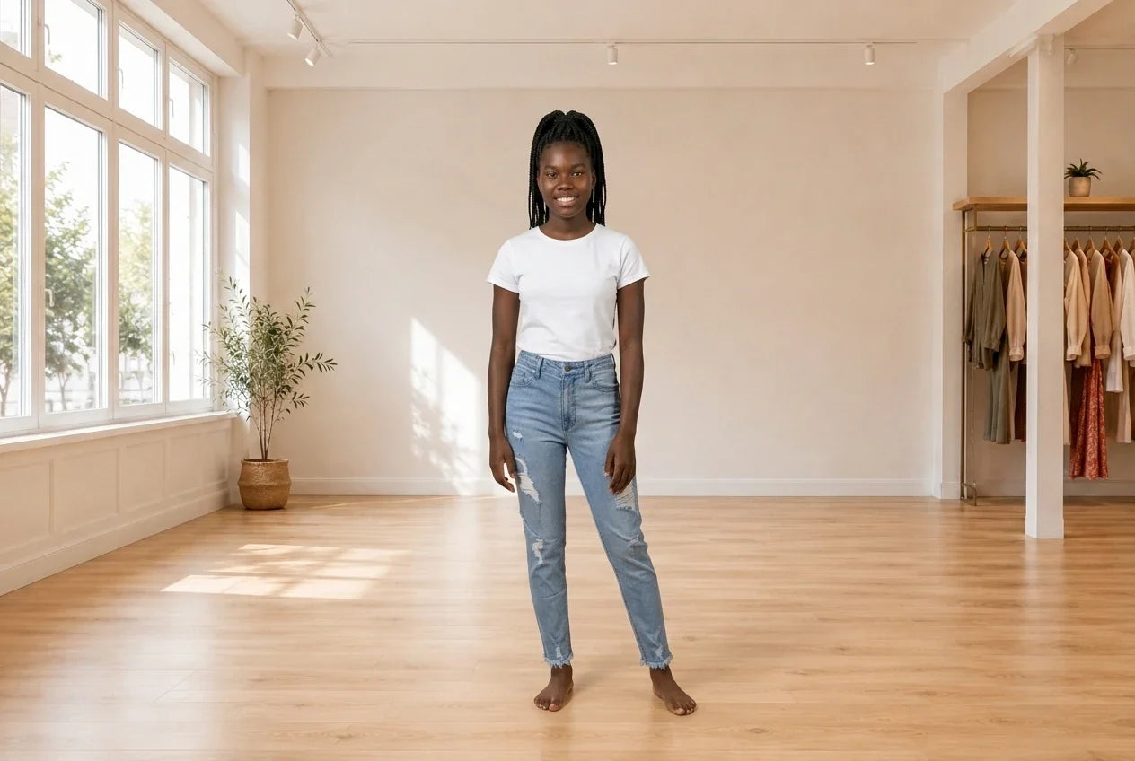 Model wearing Teen XX-Small Bottoms (Young Women's) Teen High Rise Distressed Mom Jeans in Online Warehouse Sale boutique studio