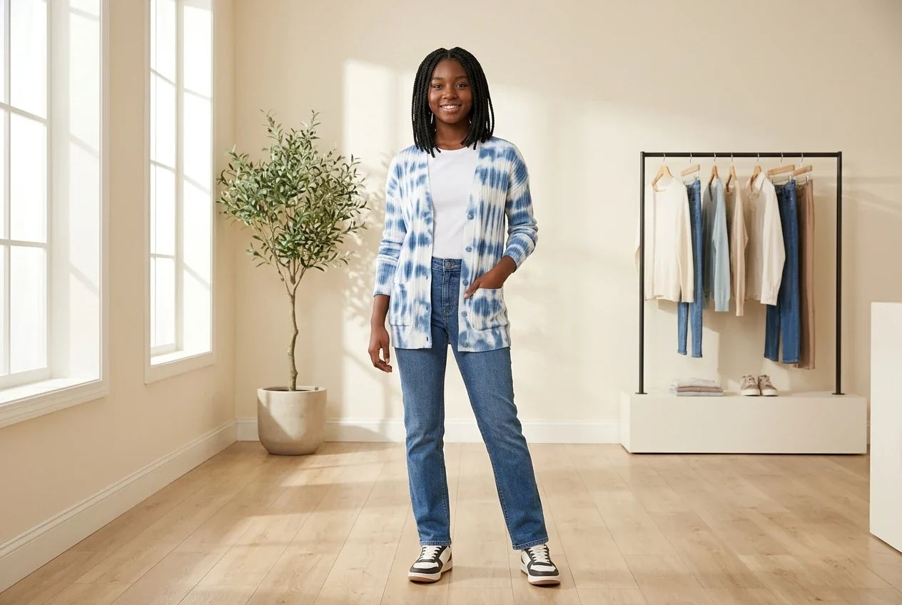 Model wearing Teen XX-Small Cardigans Teen Tie-Dyed Cardigan (Young Women's Fit) in Online Warehouse Sale boutique studio