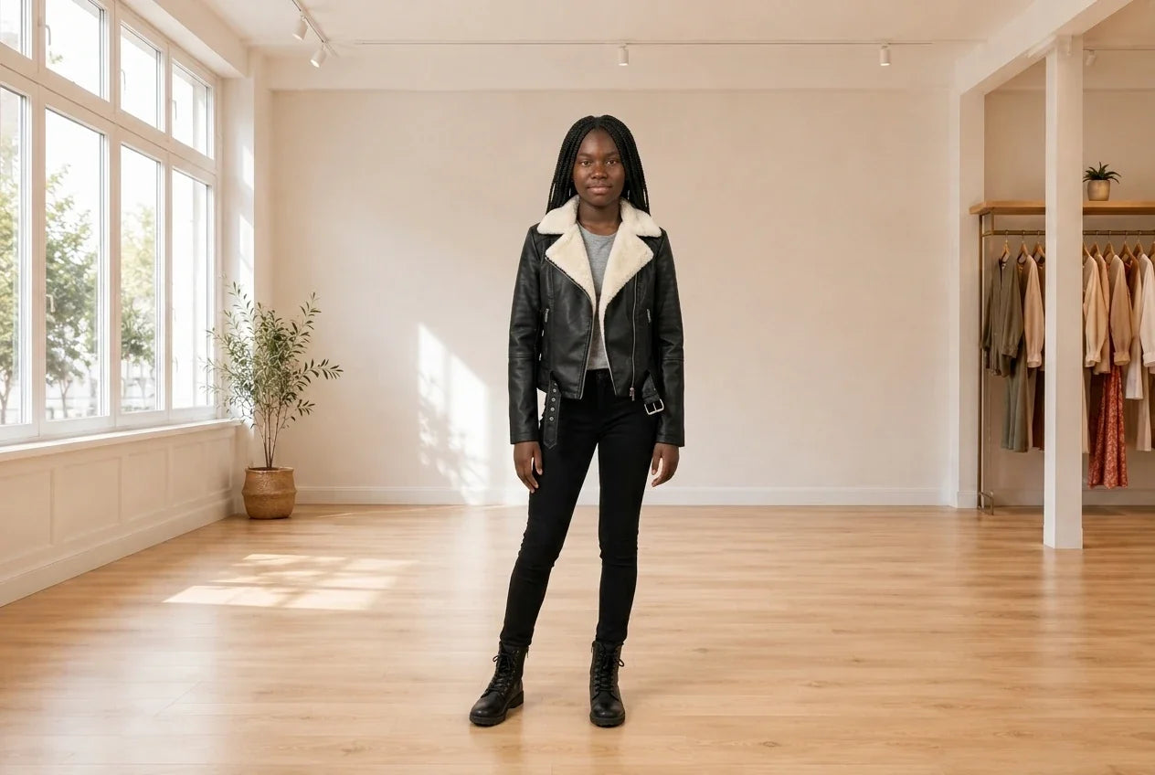 Model wearing Teen XX-Small Coats, Jackets and Blazers Teen Faux-Fur-Collar Moto Jacket (Young Women's Fit) in Online Warehouse Sale boutique studio
