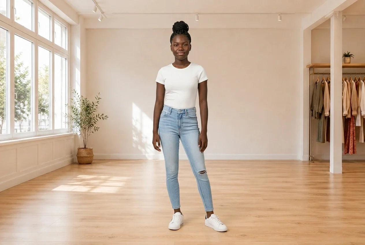 Model wearing Teen XX-Small Jeans (Young Women's) Teen Ripped Ankle Skinny Jeans in Online Warehouse Sale boutique studio