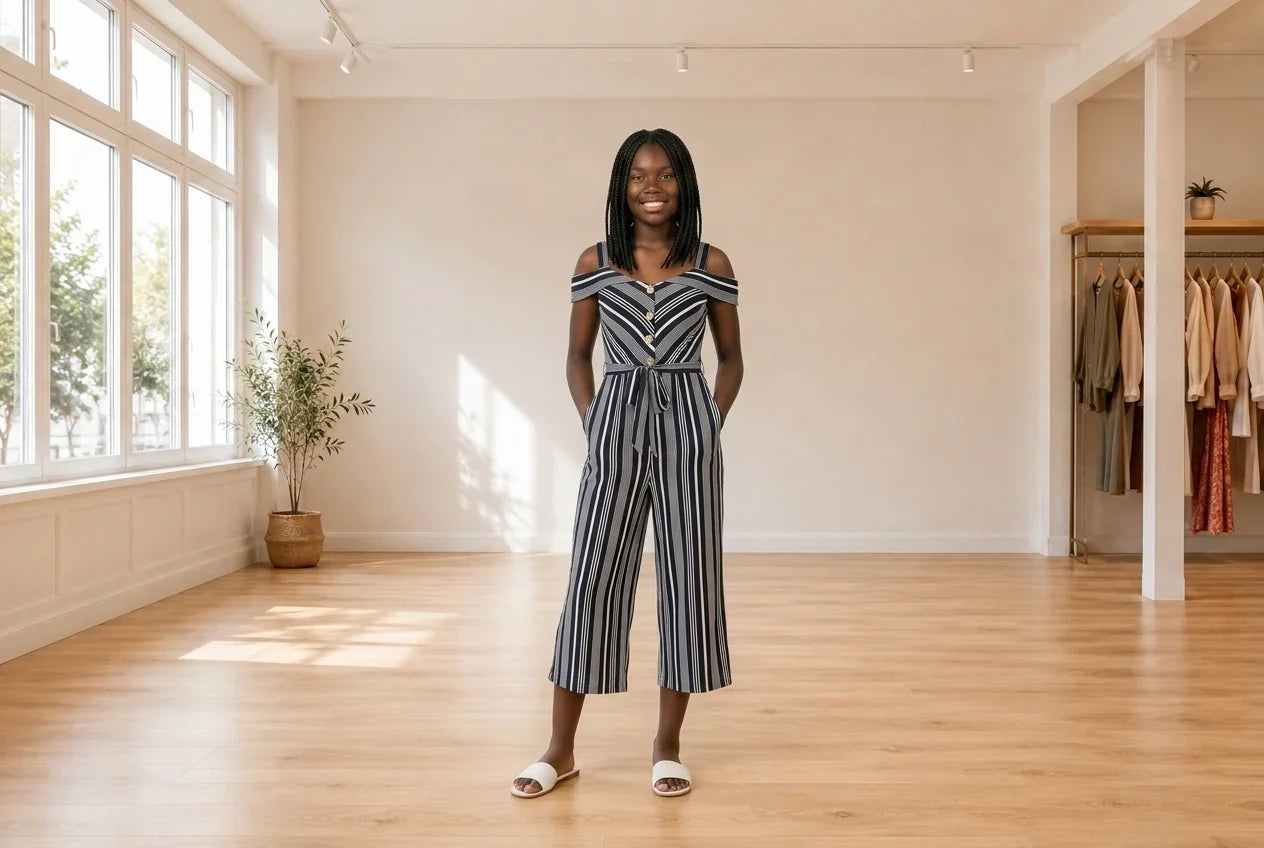 Model wearing Teen XX-Small Jumpsuits and Rompers Teen Striped Off-The-Shoulder Jumpsuit (Young Women's Fit) in Online Warehouse Sale boutique studio