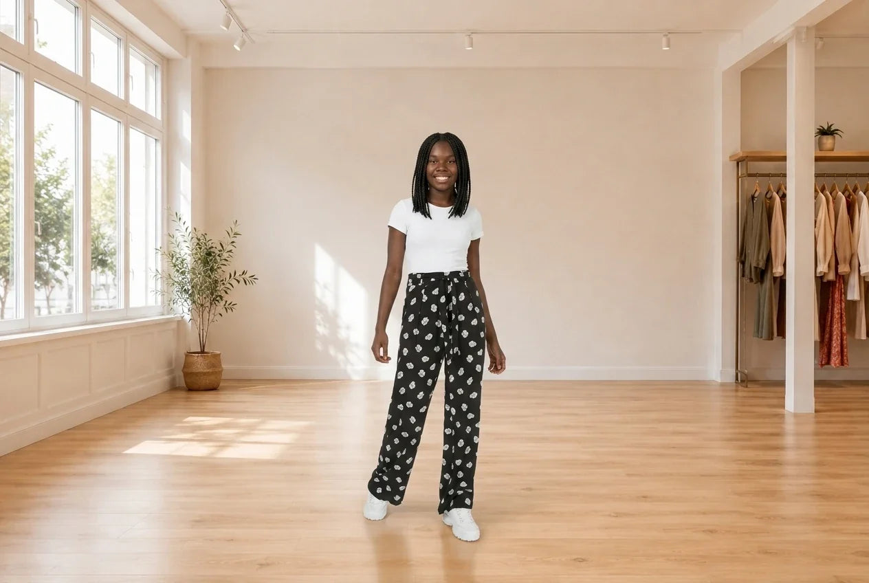 Model wearing Teen XX-Small Pants Teen Printed Tie-Waist Pants (Young Women's Fit) in Online Warehouse Sale boutique studio
