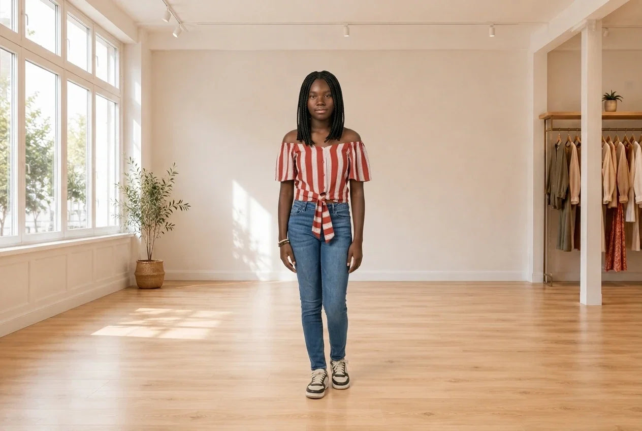 Model wearing Teen XX-Small Shirts and Blouses Teen Tie-Front Prairie Blouse (Young Women's Fit) in Online Warehouse Sale boutique studio