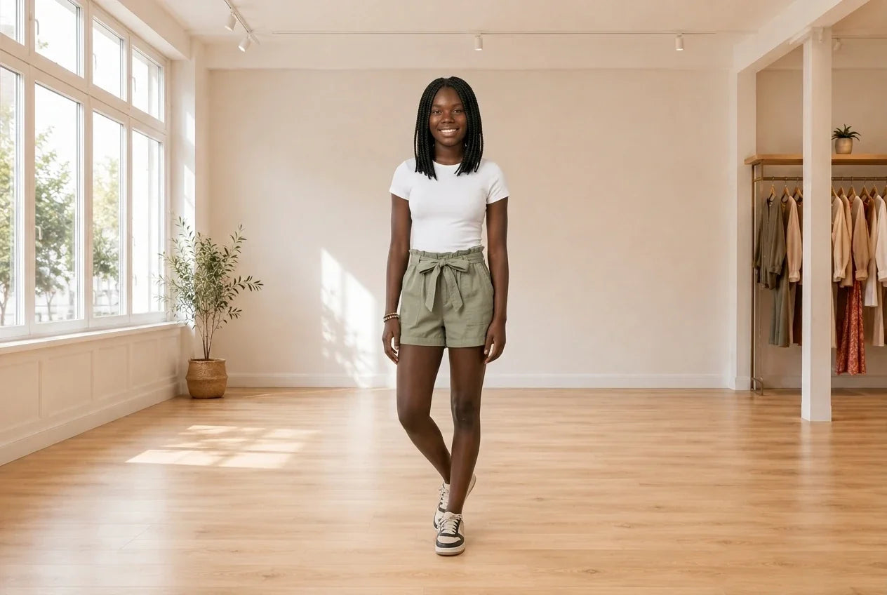 Model wearing Teen XX-Small Shorts Teen Cotton Paperbag Soft Shorts (Young Women's Fit) in Online Warehouse Sale boutique studio