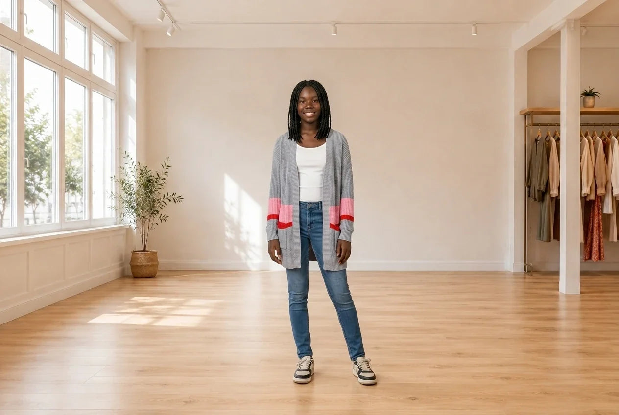 Model wearing Teen XX-Small Sweaters and Cardigans Teen Colorblocked Long Cardigan (Young Women's Fit) in Online Warehouse Sale boutique studio