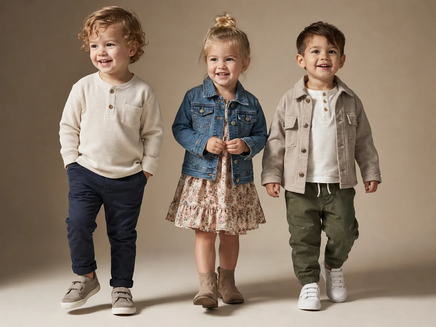 Three smiling toddlers walking together showcasing stylish fall outfits against a neutral studio backdrop.