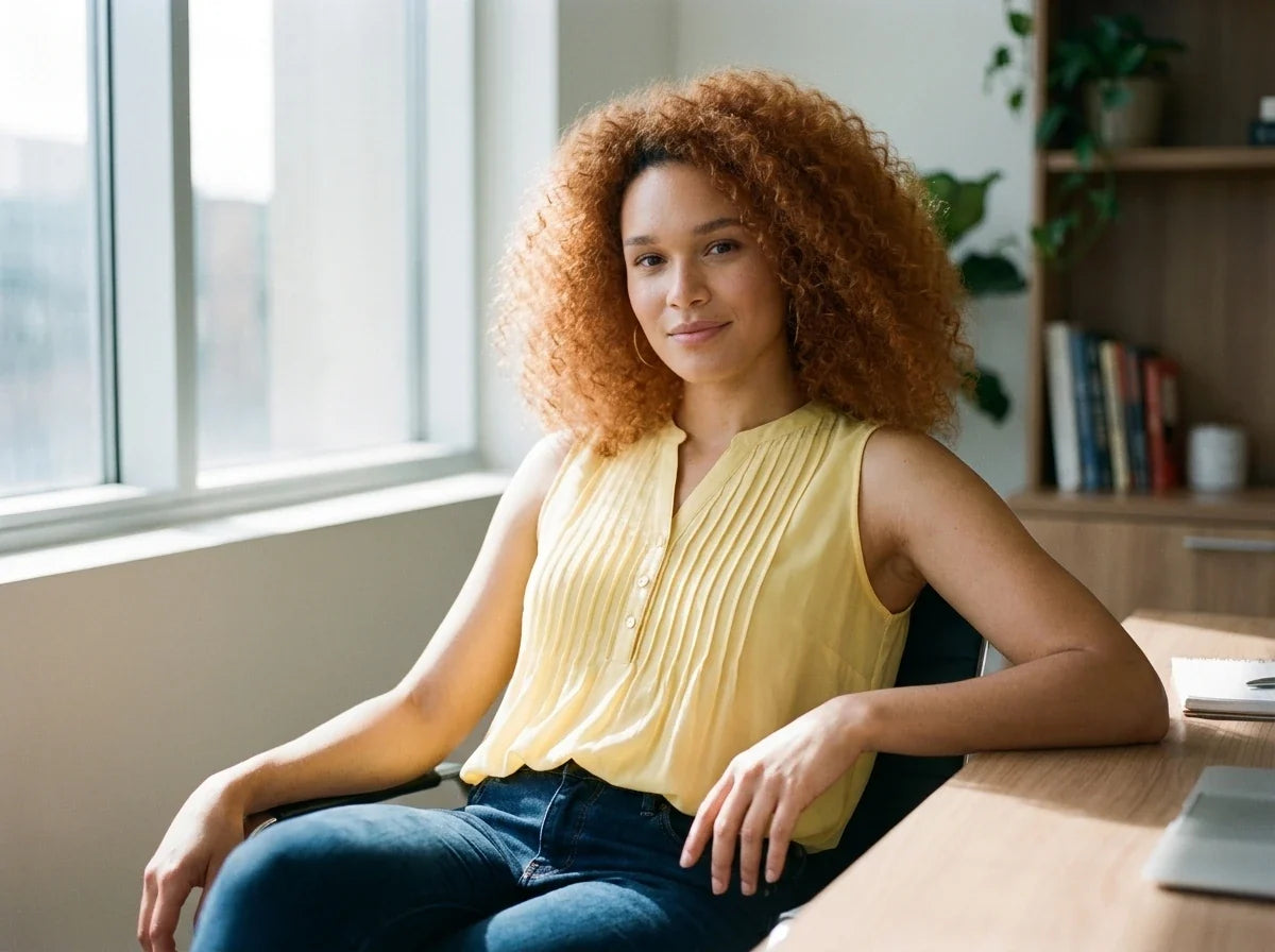 A woman with voluminous curly red hair sits at a wooden desk in a bright office, wearing a sleeveless yellow pleated top and dark blue jeans.
