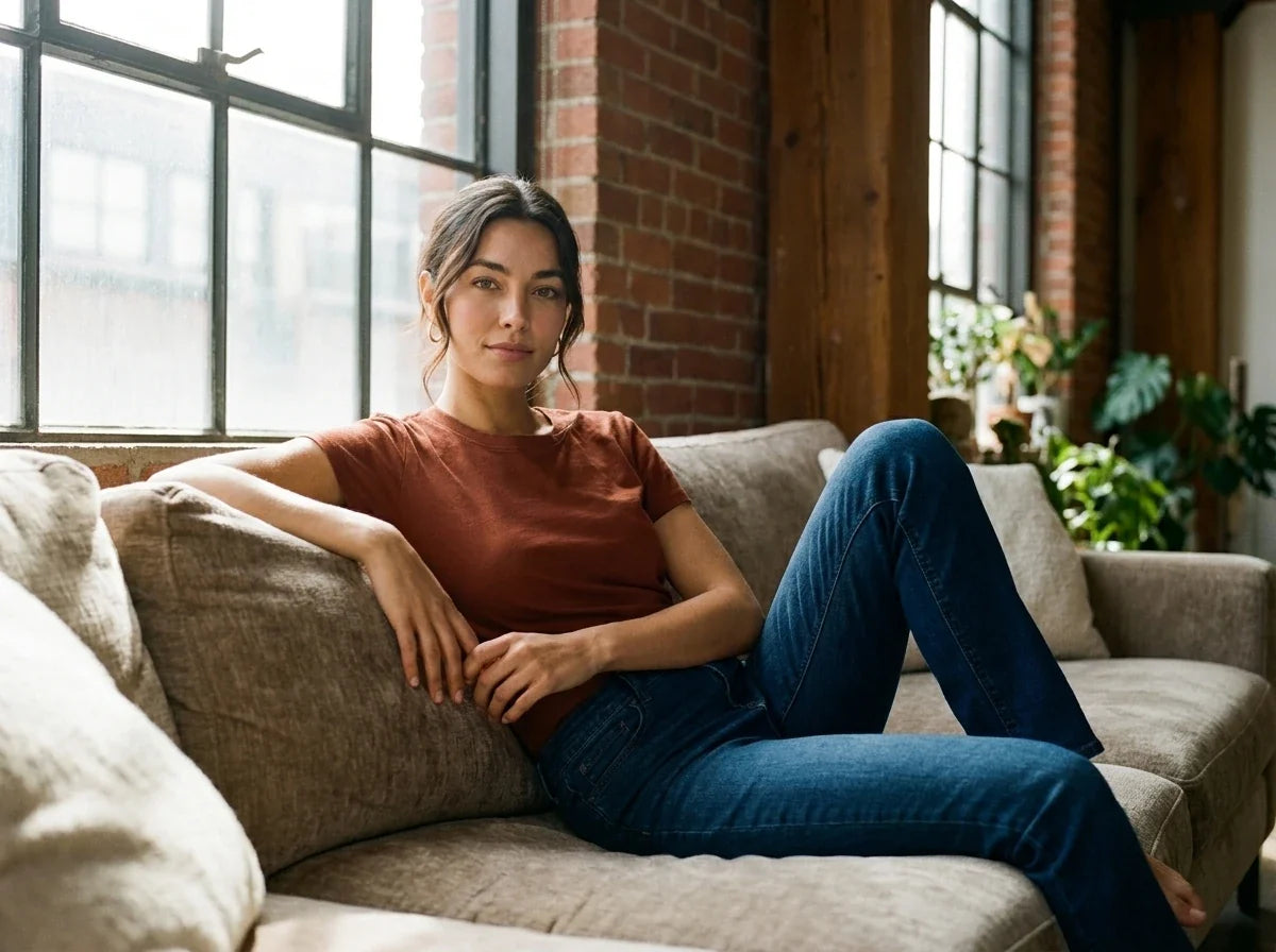 A woman sits on a beige couch in a loft-style room with brick walls and large windows, wearing a rust-brown short-sleeve t-shirt and blue jeans.