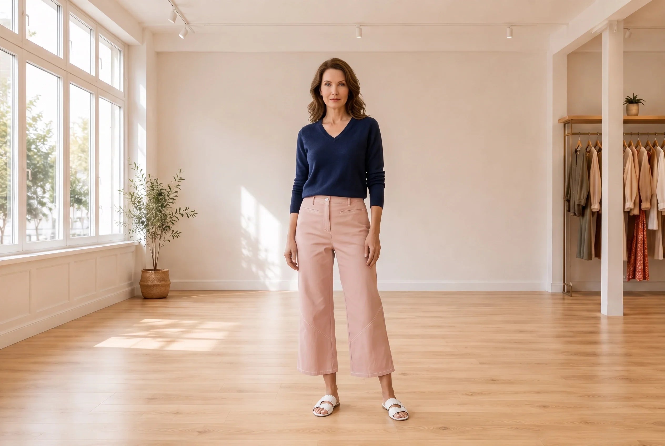 A woman stands in a bright, minimalist studio wearing a white crewneck t-shirt, distressed denim shorts, and white sneakers.