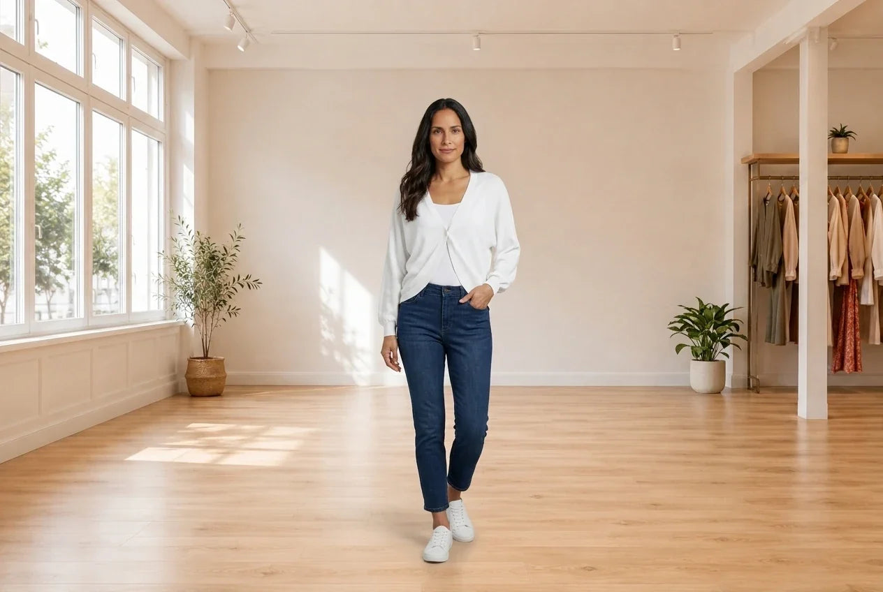 Model wearing Women's Large Cardigans Women's Button-Front Shrug in Online Warehouse Sale boutique studio