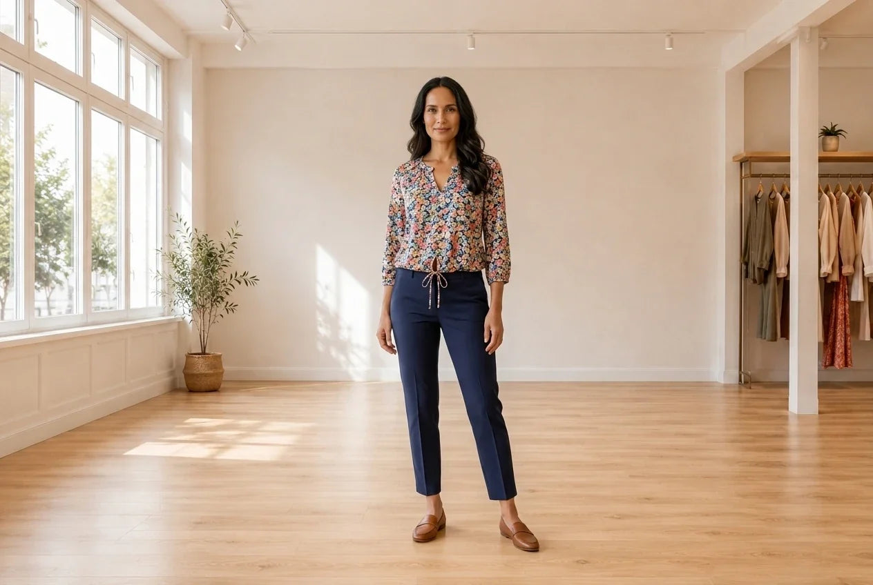 Model wearing Women's Large Clothing Women's Floral-Print Tie-Hem Top in Online Warehouse Sale boutique studio