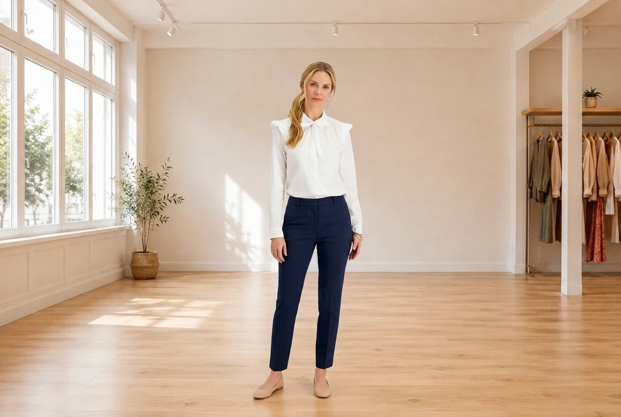Model wearing Women's Large Shirts & Blouses Women's Tie-Neck Ruffle-Shoulder Shirt in Online Warehouse Sale boutique studio
