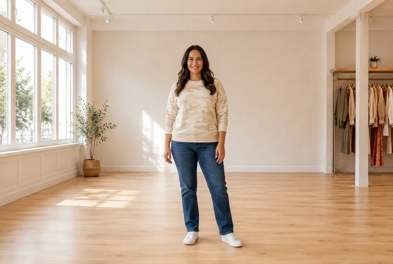 Model wearing Women's Large Sweaters and Cardigans Women's Printed Crewneck Sweatshirt in Online Warehouse Sale boutique studio