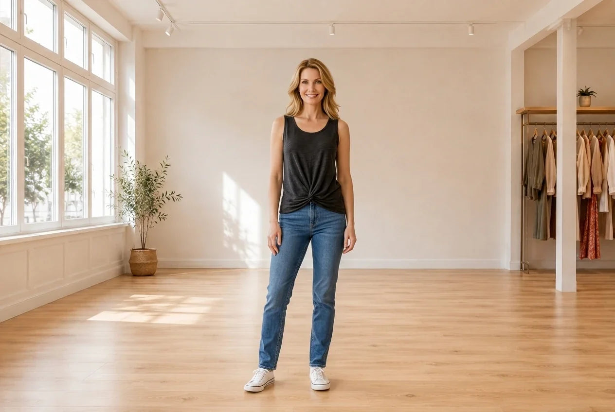 Model wearing Women's Large T-Shirts Women's Twisted Tie-Front Tank Top in Online Warehouse Sale boutique studio
