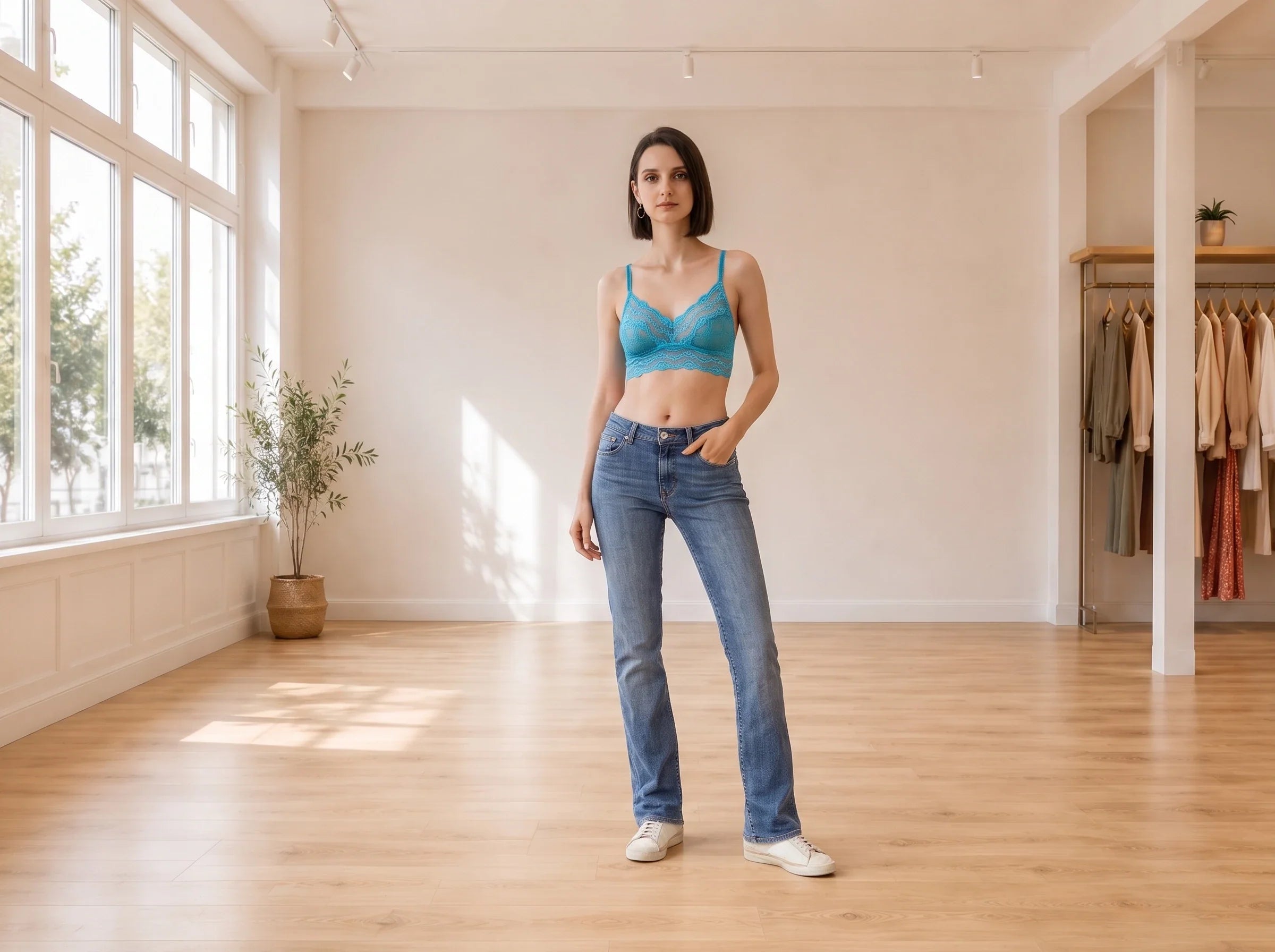 Model wearing Women's Medium Bras lace-trim bralette and matching shorts in Online Warehouse Sale boutique studio